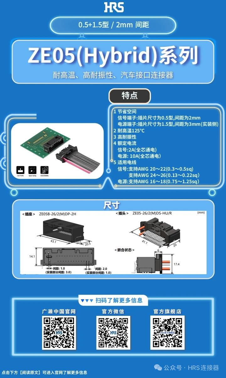 【產(chǎn)品推薦】耐高溫、高耐振性、汽車接口、電源信號(hào)混合型連接器ZE05系列